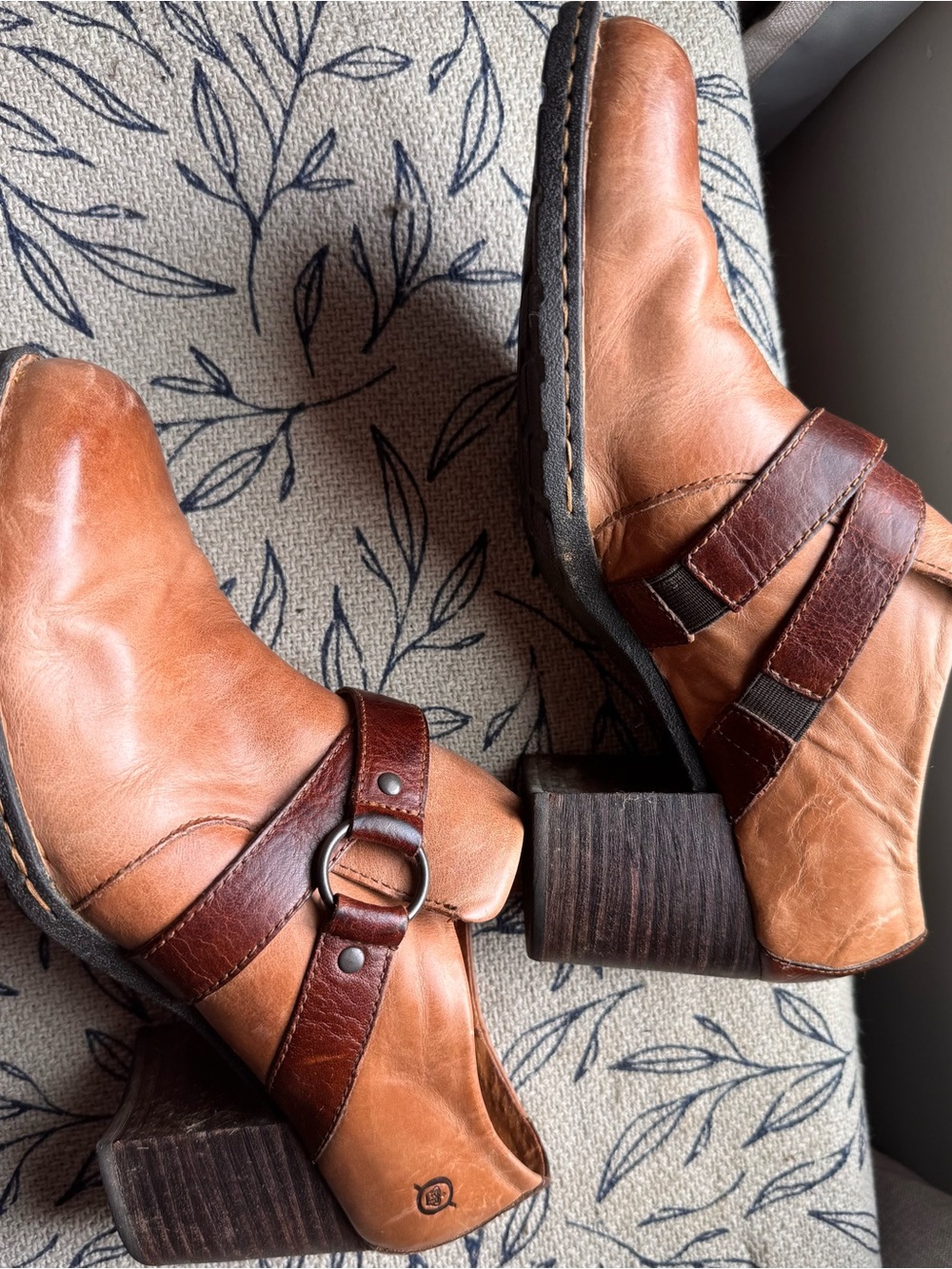 Born Two-Tone Tan and Dark Brown Leather Heeled Ankle Boots